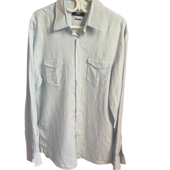 BOSS Hugo Boss Light Blue Button-Down Linen Shirt. Slim  Size: XL - Picture 1 of 15